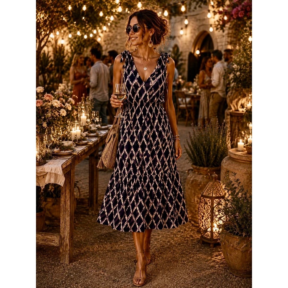Michael Kors Maxi Dress M Blue Purple Ikat Diamond Print Tie Strap Stretch $140